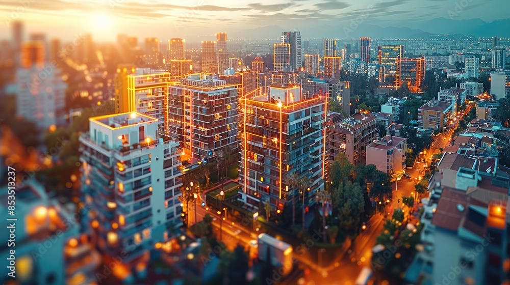 Naklejka premium The residential developers market with a clear depiction of a decline in bond values. include modern apartment buildings, with a prominent downward trend line on a graph. Generative AI.