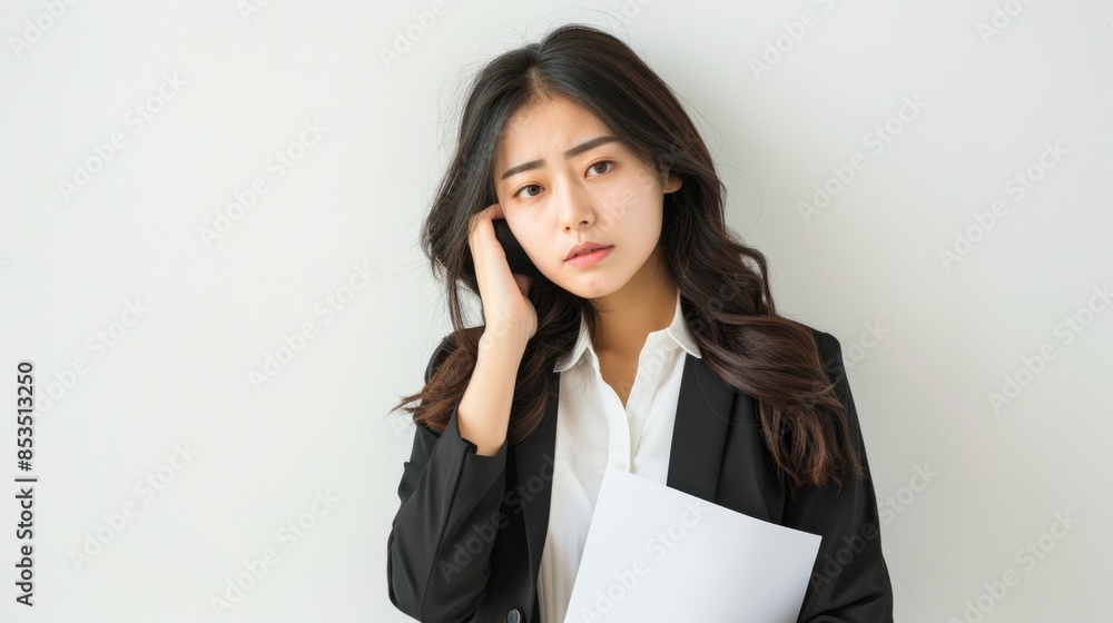 Boring young business Asian woman holding document file on white background Boring young business Asian woman holding document file on white background