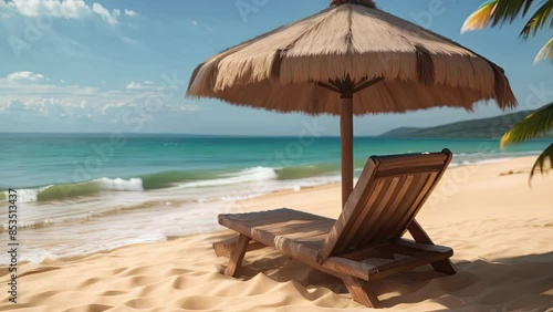 Wallpaper Mural Beach chair and umbrella on tropical sand beach. Generative AI Torontodigital.ca