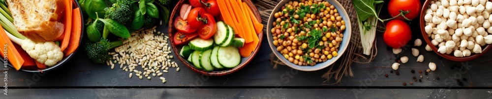 Flat lay of a balanced meal with vegetables, lean proteins, and whole grains, bright and natural lighting highlighting nutritious choices Flat lay of a balanced meal with vegetables, lean proteins, and whole grains, bright and natural lighting highlighting nutritious choices