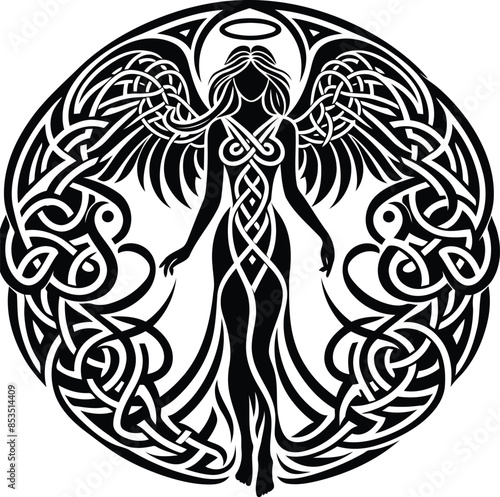female angel in silhouete with celtic knot pattern illustration