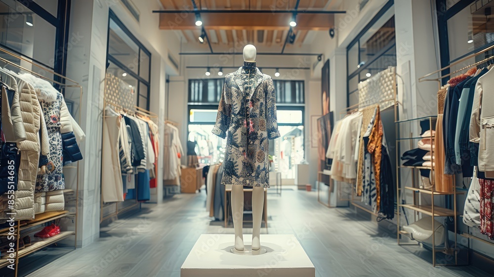 Fototapeta premium Fashion studio spacious, mannequin with textile pattern outfit at the sides, clothes being displayed on the wall. Generative AI.