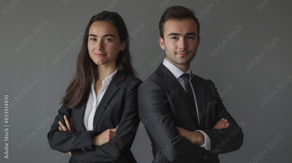 Business partners posing in front of gray background, looking at camera and smiling Business partners posing in front of gray background, looking at camera and smiling