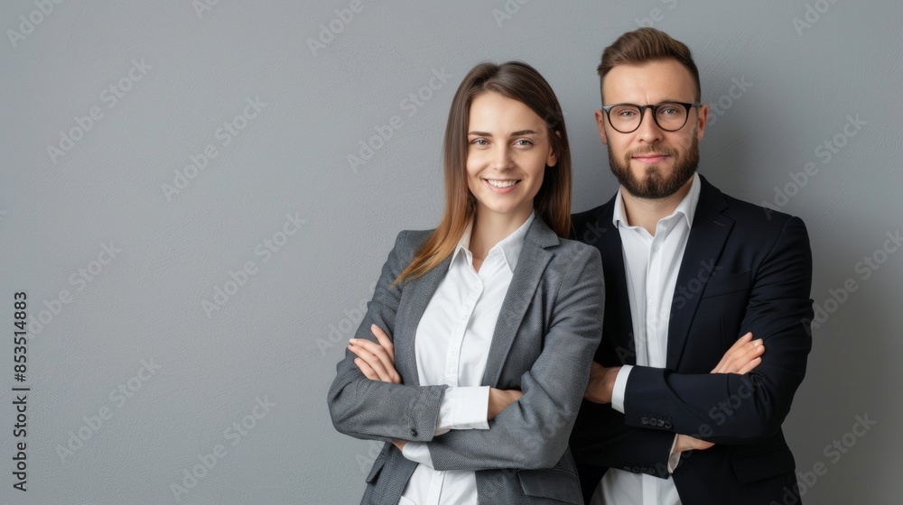 Business partners posing in front of gray background, looking at camera and smiling Business partners posing in front of gray background, looking at camera and smiling