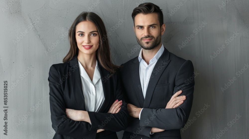 Business partners posing in front of gray background, looking at camera and smiling Business partners posing in front of gray background, looking at camera and smiling
