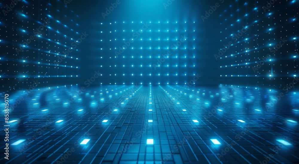 Obraz premium Blue technology background with light and shadow, a grid of LED lights on the wall, glowing blue square patterns on the dark floor
