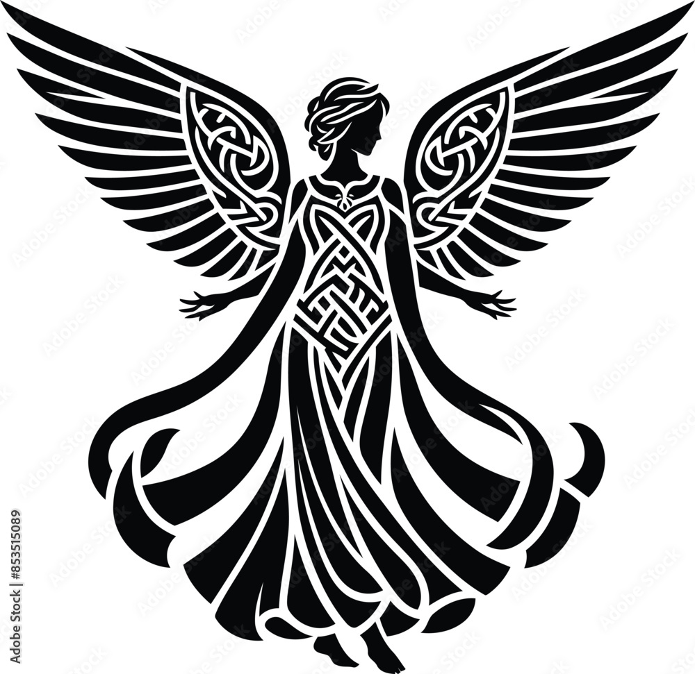 female angel in silhouete with celtic knot pattern illustration female angel in silhouete with celtic knot pattern illustration