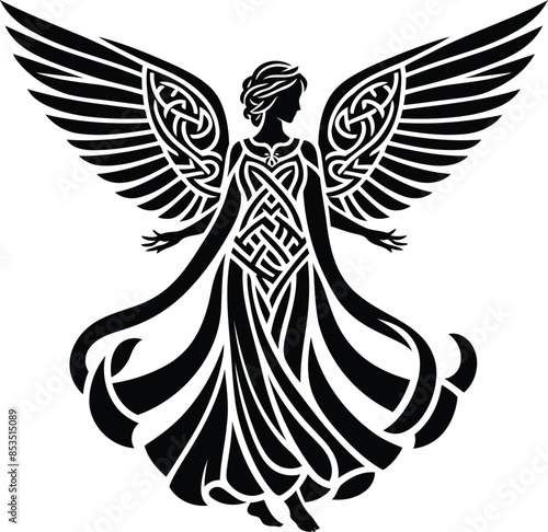 female angel in silhouete with celtic knot pattern illustration