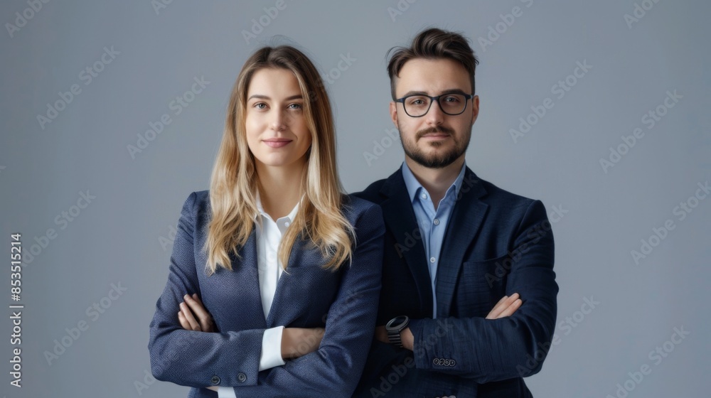 Business partners posing in front of gray background, looking at camera and smiling Business partners posing in front of gray background, looking at camera and smiling