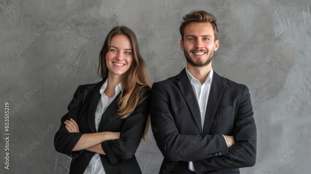 Business partners posing in front of gray background, looking at camera and smiling Business partners posing in front of gray background, looking at camera and smiling