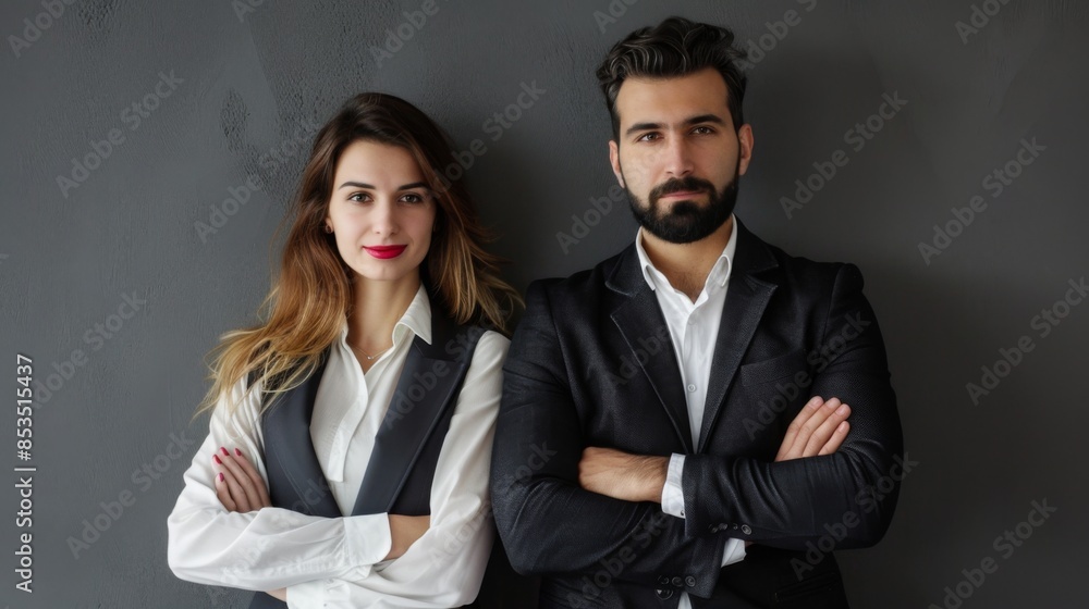 Business partners posing in front of gray background, looking at camera and smiling Business partners posing in front of gray background, looking at camera and smiling