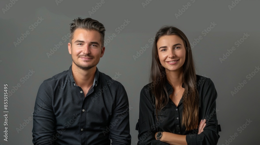 Business partners posing in front of gray background, looking at camera and smiling Business partners posing in front of gray background, looking at camera and smiling
