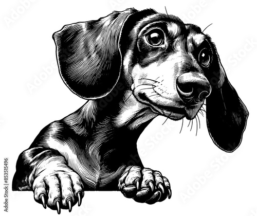 Hand drawn cute peeking dachshund, vector sketch isolated on transparent background.