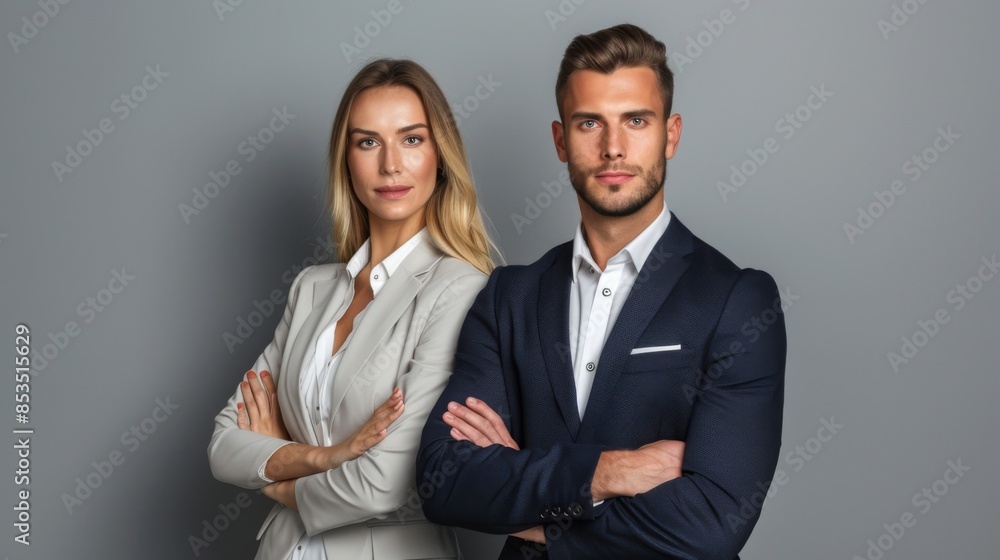 Business partners posing in front of gray background, looking at camera and smiling Business partners posing in front of gray background, looking at camera and smiling