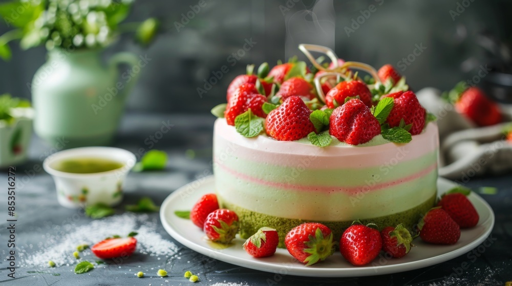 cake with decoration of sweet strawberries on the table. Green tea cake with decoration of sweet strawberries on the table. Green tea