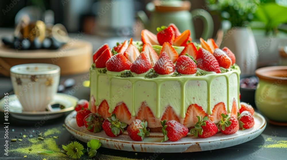 cake with decoration of sweet strawberries on the table. Green tea cake with decoration of sweet strawberries on the table. Green tea