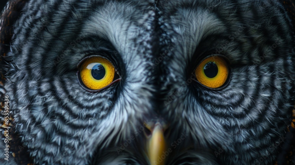closeup round yellow eyes of great gray owl looking away at dark night closeup round yellow eyes of great gray owl looking away at dark night