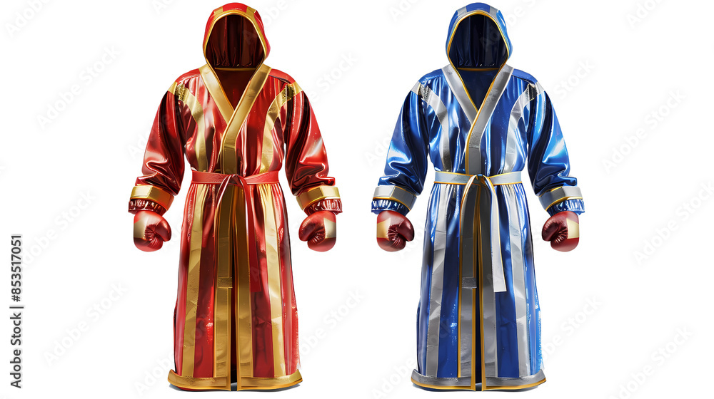 Boxing Robe Png Mockup of a boxing robe with hood, red with golden and blue with silver ...
