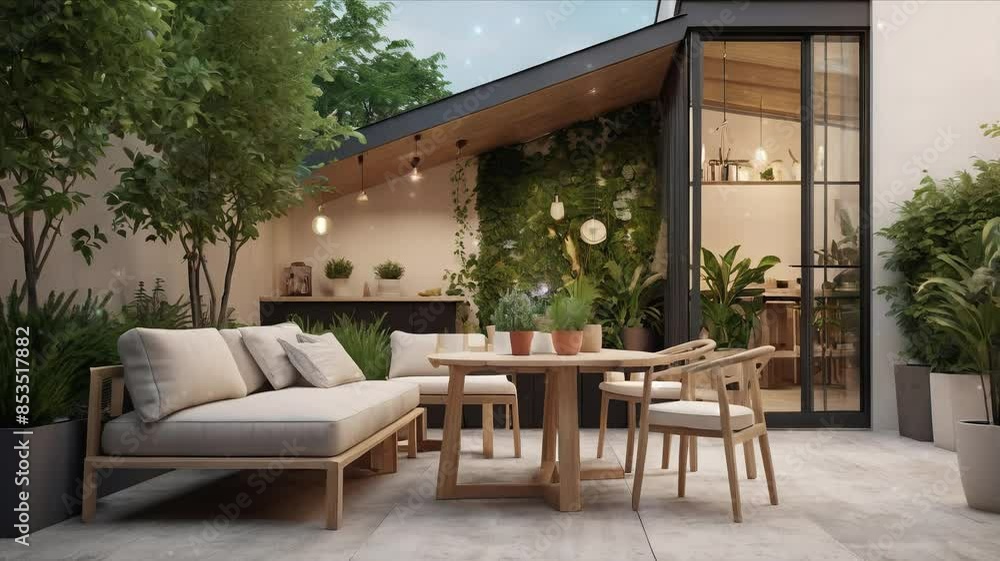 Mockup of a house terrace interior, modern furniture and accessories, with a small botanical Mockup of a house terrace interior, modern furniture and accessories, with a small botanical