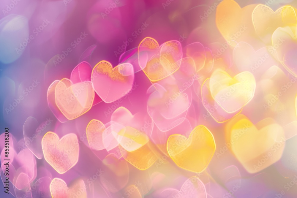 Blurred background with heart-shaped bokeh for Valentine's Day, a pink and yellow color palette Blurred background with heart-shaped bokeh for Valentine's Day, a pink and yellow color palette