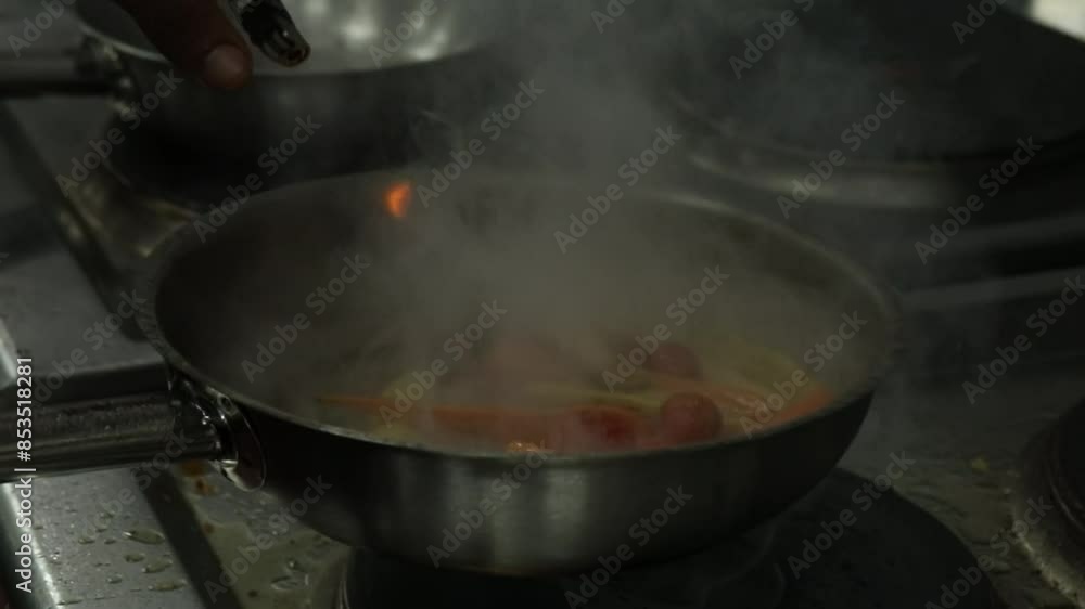 A Chief cooks food on a grill close up shot, insert shot A Chief cooks food on a grill close up shot, insert shot