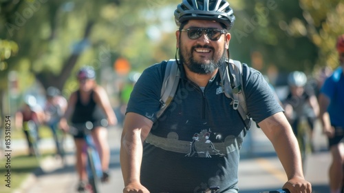 Man Wearing Sunglasses and Helmet Smiles While Riding a Bike in a Group