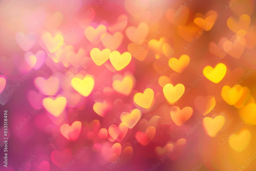 Blurred background with heart-shaped bokeh for Valentine's Day, a pink and yellow color palette Blurred background with heart-shaped bokeh for Valentine's Day, a pink and yellow color palette
