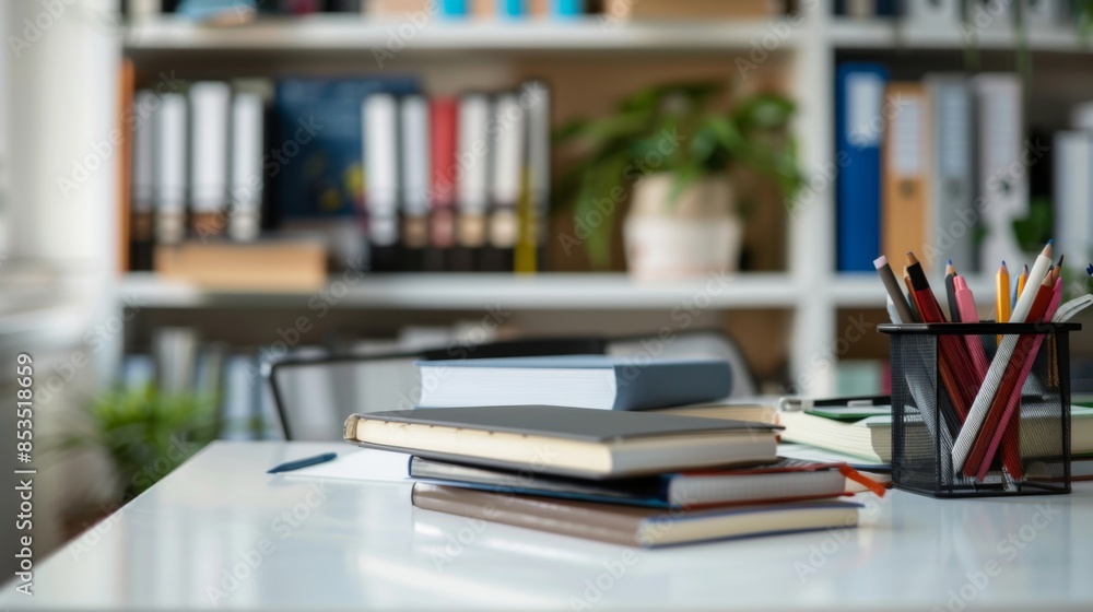 Cropped shot of white table with books, stationery and copy space in blurred study room Cropped shot of white table with books, stationery and copy space in blurred study room
