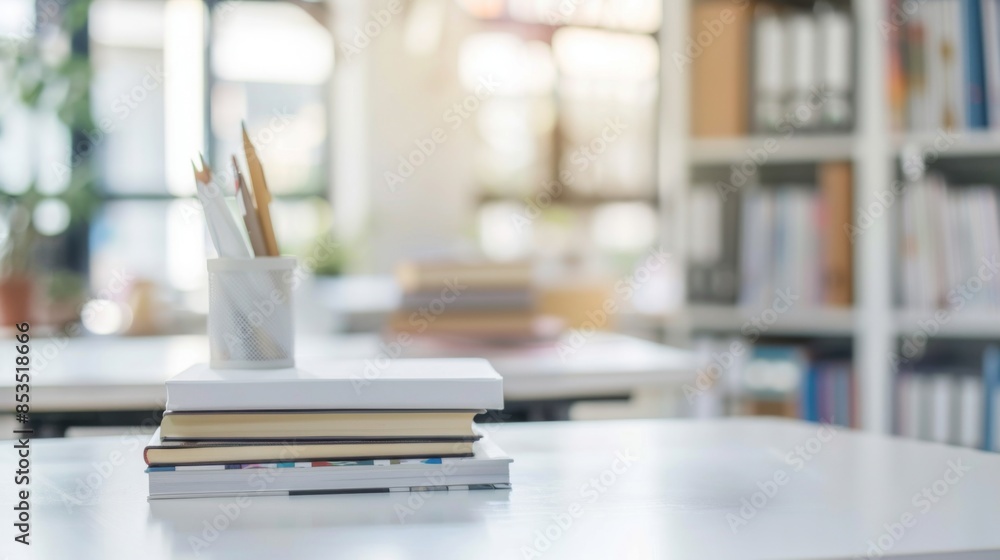 Cropped shot of white table with books, stationery and copy space in blurred study room Cropped shot of white table with books, stationery and copy space in blurred study room