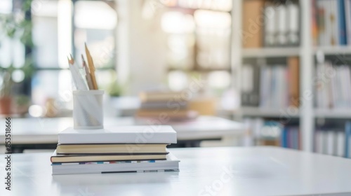 Fototapeta Naklejka Na Ścianę i Meble -  Cropped shot of white table with books, stationery and copy space in blurred study room