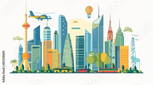 Modern City Skyline Illustration With Helicopter, Hot Air Balloon, and Public Transportation