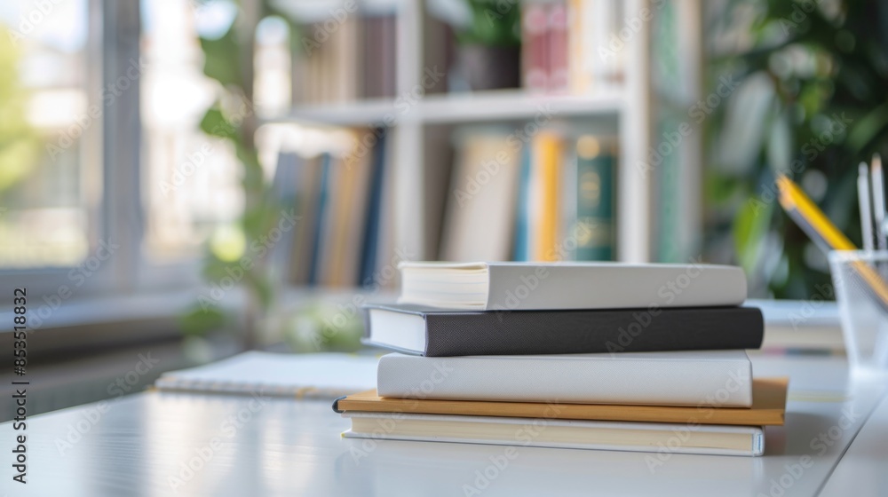 Cropped shot of white table with books, stationery and copy space in blurred study room Cropped shot of white table with books, stationery and copy space in blurred study room