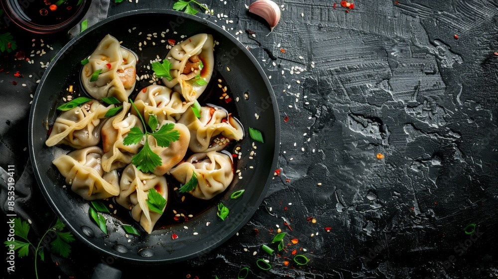 Delicious gedza dumplings in a pan with soy sauce. On dark rustic background Delicious gedza dumplings in a pan with soy sauce. On dark rustic background