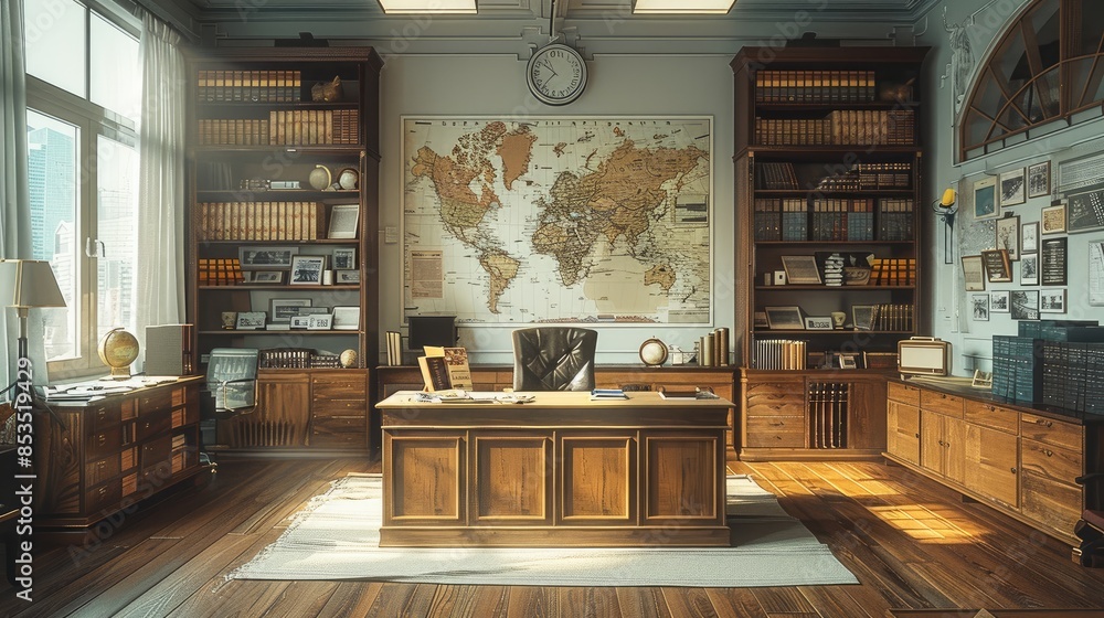 A high-rise modern news office with old documents and memorabilia. Day time. Generative AI. A high-rise modern news office with old documents and memorabilia. Day time. Generative AI.