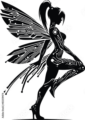fairy silhouete with cyberpunk pattern illustration
