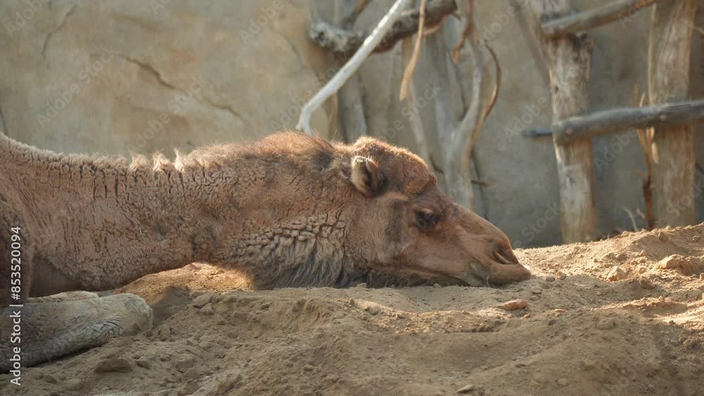 Dromedary Camel lies on the ground in its enclosure at the San Diego Zoo, California, United States Dromedary Camel lies on the ground in its enclosure at the San Diego Zoo, California, United States
