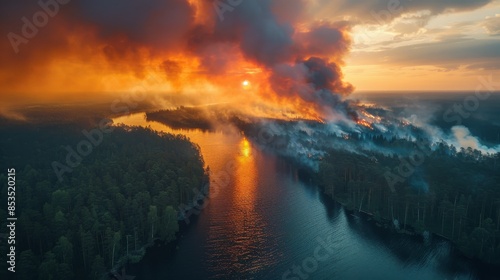 Aerial View of Forest Fire at Sunset © Yana