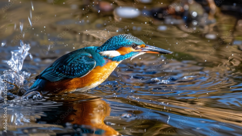 Female Kingfisher emerging from the water after an unsuccessful dive to grab a fish Female Kingfisher emerging from the water after an unsuccessful dive to grab a fish