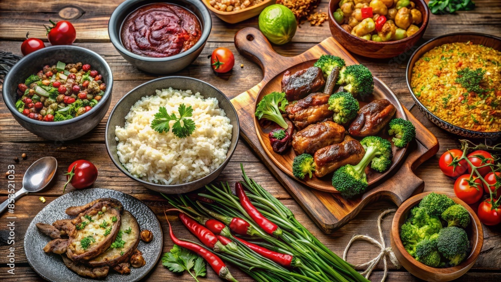 Colorful abundance of food overflowing on a rustic wooden table featuring steaming broccoli, flavorful rice, savory meats, and an assortment of delectable side dishes. Colorful abundance of food overflowing on a rustic wooden table featuring steaming broccoli, flavorful rice, savory meats, and an assortment of delectable side dishes.