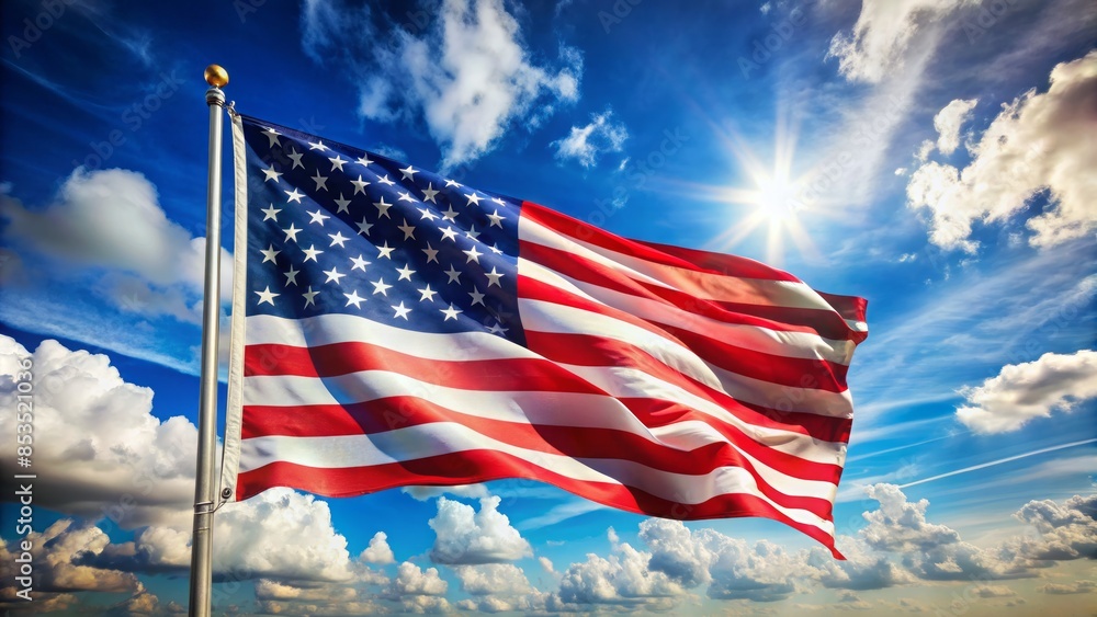 Vibrant flag with red, white, and blue stripes and a liberating star, symbolizing freedom and unity, waving against a bright blue sky with fluffy white clouds. Vibrant flag with red, white, and blue stripes and a liberating star, symbolizing freedom and unity, waving against a bright blue sky with fluffy white clouds.