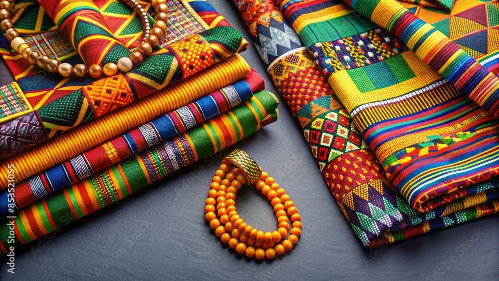 Vibrant colorful fabrics, traditional african-inspired patterns, and bold accessories celebrate freedom and heritage on a grey background, commemorating the spirit of juneteenth. Vibrant colorful fabrics, traditional african-inspired patterns, and bold accessories celebrate freedom and heritage on a grey background, commemorating the spirit of juneteenth.