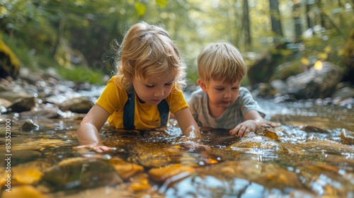Two little boys play in the creek.