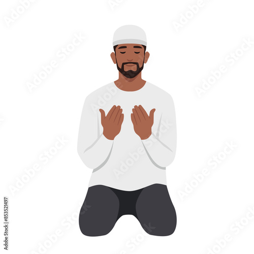 On Ramadan young man Moslems pray to Allah. Flat vector illustration isolated on white background