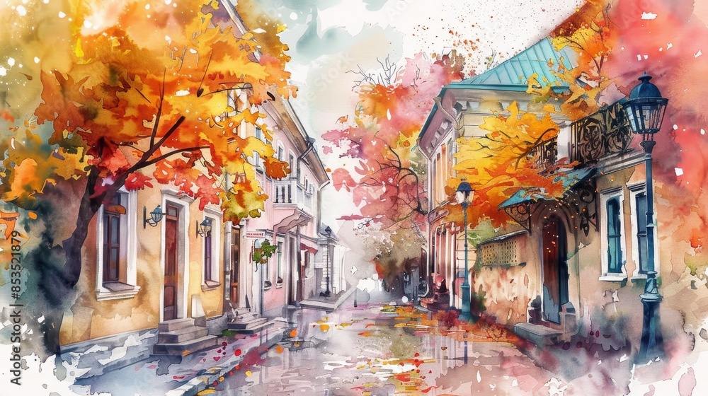 Obraz premium Cozy street in watercolor, charming house facades, vivid autumn hues, artistic impression, warm and inviting atmosphere