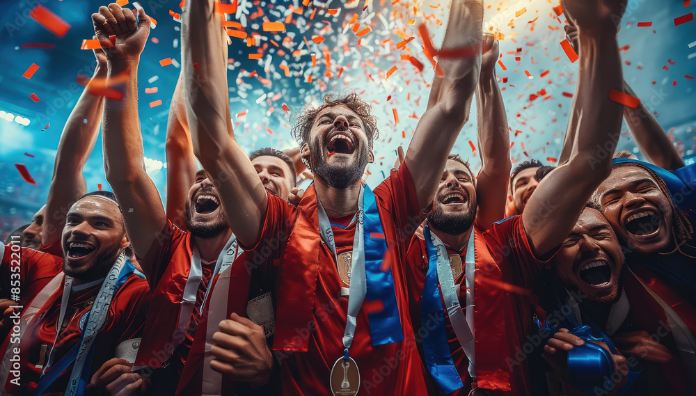 Football cup, soccer team players celebrating victory, Soccer competition event winners. Generative AI. Football cup, soccer team players celebrating victory, Soccer competition event winners. Generative AI.