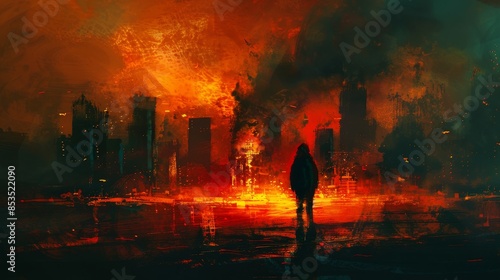 Burning city, dark figure in the foreground, expressive and painterly style, chaotic and vivid portrayal, intense atmosphere