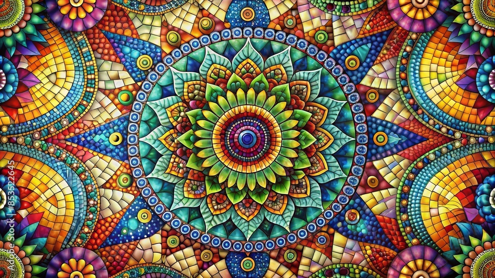 Vibrant abstract mosaic art piece depicting intersecting swirling patterns and shapes in kaleidoscope of colors, symbolizing diversity, individuality, and unity in diversity. Vibrant abstract mosaic art piece depicting intersecting swirling patterns and shapes in kaleidoscope of colors, symbolizing diversity, individuality, and unity in diversity.