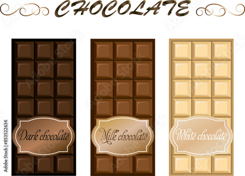 Vector set of chocolate bars.Black, milk and white chocolate bars in a vector set on a transparent background.
