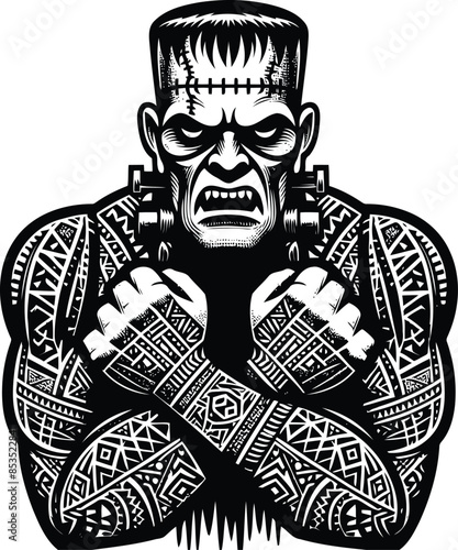 frankenstein in silhouete with Polynesian ethnic pattern illustration