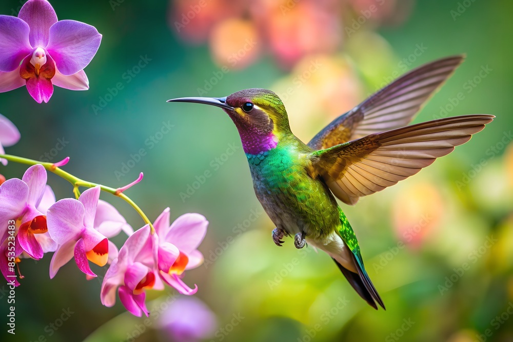 Fototapeta premium Hummingbird Amidst Vibrant Orchids in Nature's Beauty
